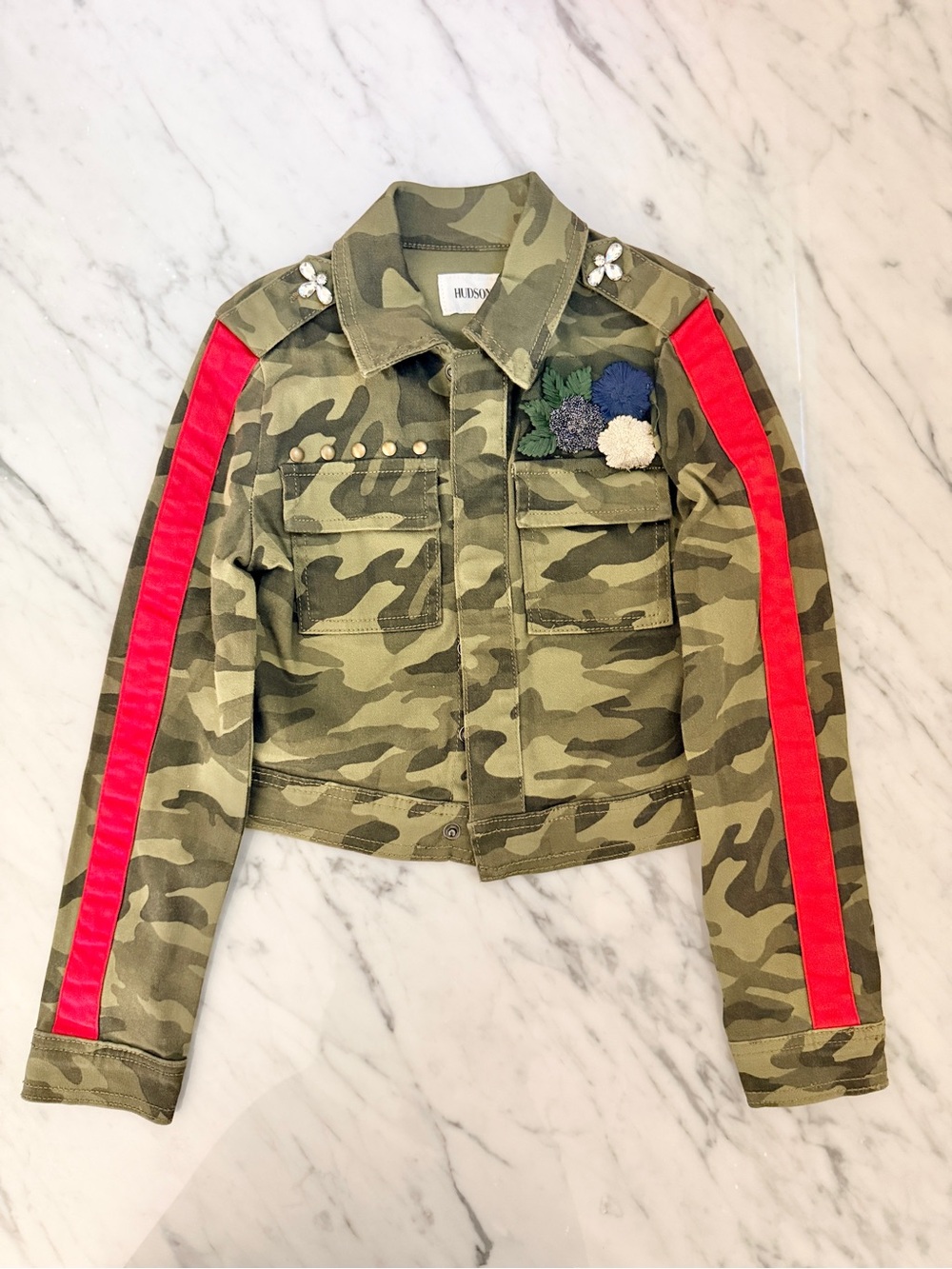 Hudson Girls Camouflage Jacket with Red Stripe & Floral/Crystal Appliqués